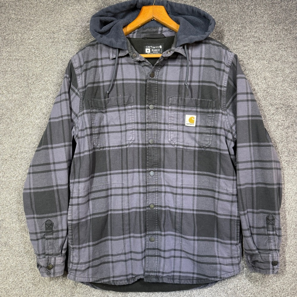 Carhartt Jacket Mens M Blue Relaxed Fit Fleece Lined Hooded Plaid Shirt Jacket